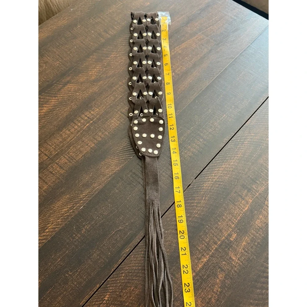 Woven Suede Studded Fringe Tie Waist Belt Brown OS Boho Western Festival Cincher